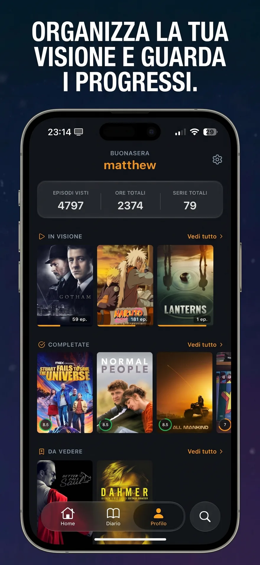 Tvboxd: profilo con serie in visione, completate e da vedere